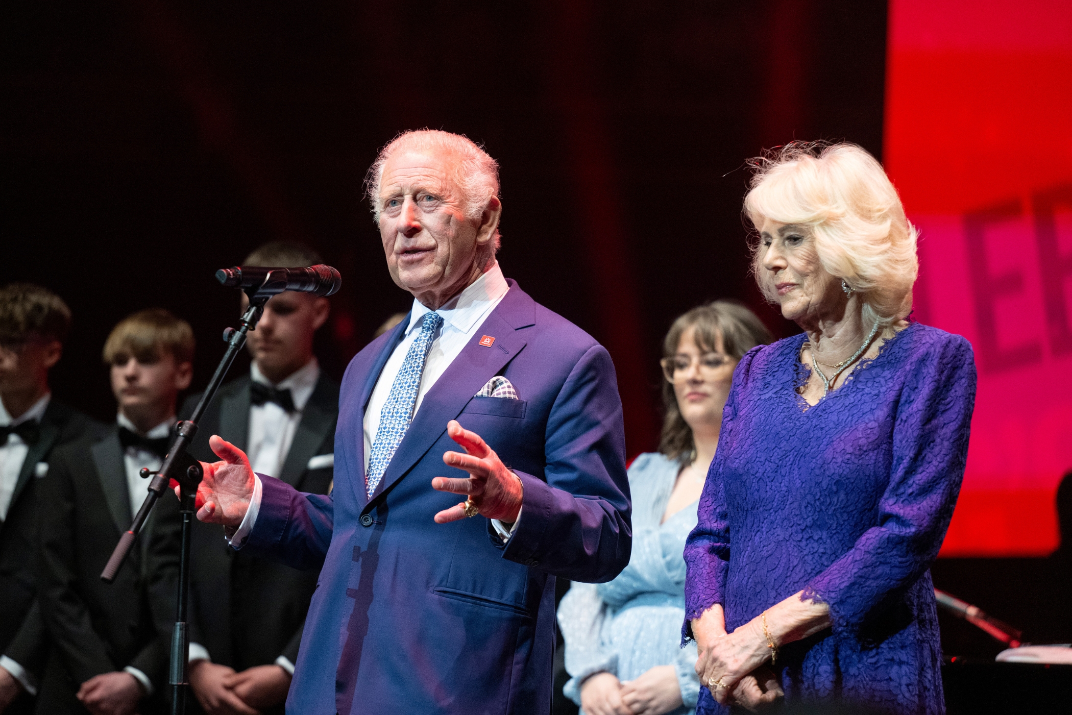 HM King Charles III and HM Queen Camilla on stage at the King's Trust Celebration 2026